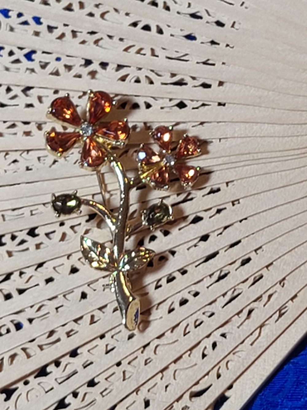 Antique Gold Floral Brooch with Orange Crystals